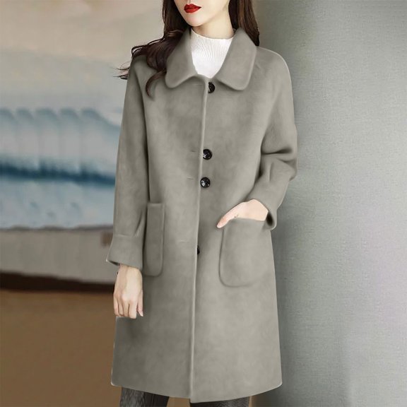 Sokhug Womens One-Tone Trendy Mid-Length Woolen Loose Coat Winter Warm Outerwear Jacket