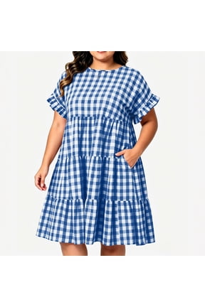 Womens Plus Size Gingham Check Tiered Ruffle Short Sleeve Casual Summer Fashion Dresses with Pockets