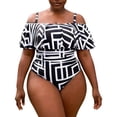 thumbnail image 1 of Sokhug Womens Plus Size One Piece Swimsuit Off Shoulder Ruffle Trim Geometric Print Tummy Control Ruched Bathing Suit Modest Swimwear, 1 of 4
