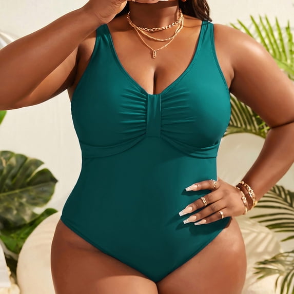 Sokhug Womens Plus Size One Piece Swimsuit Spaghetti Strap Ruched Front Solid Color Conservative Bathing Suit
