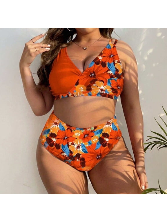 Womens Plus Size Printed Bikini Set Push Up Two Piece Split Flattering Casual Bathing Suit