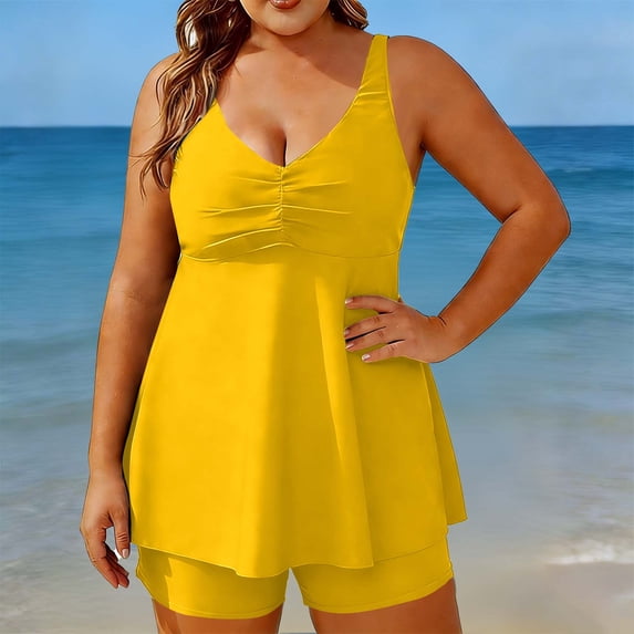 Sokhug Womens Plus Size Solid Color Tankini Set Waist Control Design Two Piece Swimsuit With Built in Bra