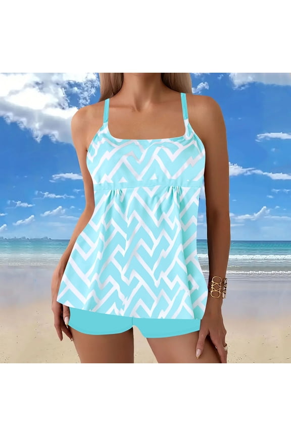 Womens Plus Size Striped Wave Wide Strap Tankini Set High Waisted Split Bathing Suit