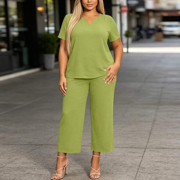 Sokhug Womens Plus Size Two Piece Outfit Notch Neck Short Sleeve Top and Wide Leg Cropped Pants Sets