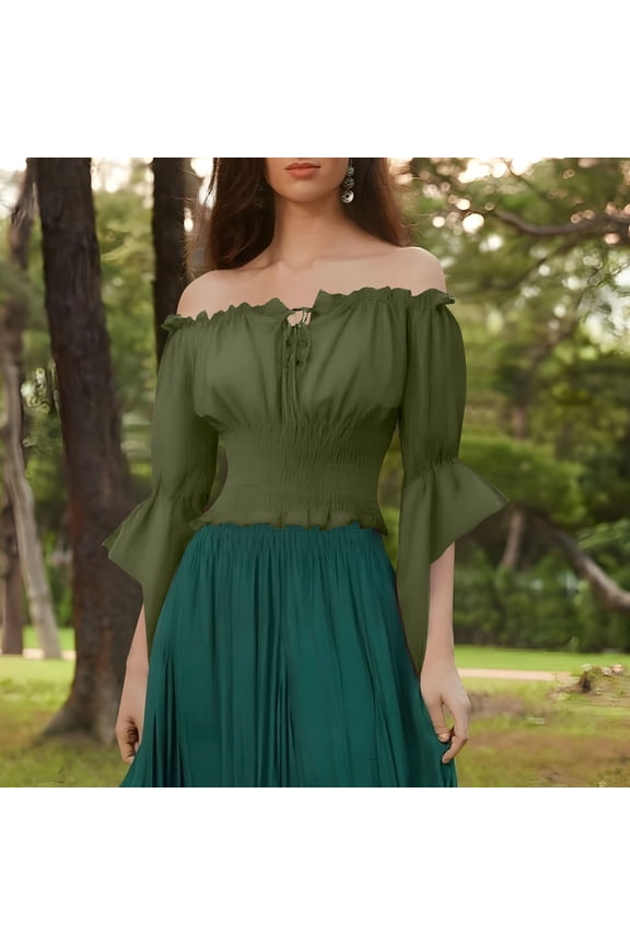 Womens Renaissance Medieval Pirate Peasant Steampunk Bell Sleeve Peplum Blouse Top Shirt