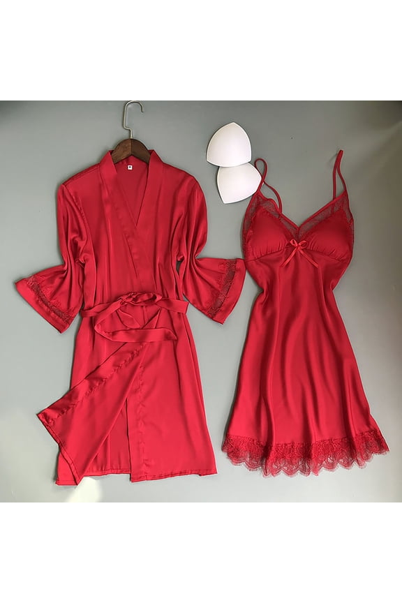 Womens Satin-Like Nightgown Two-Piece Set Stylish Home Loungewear Outfit