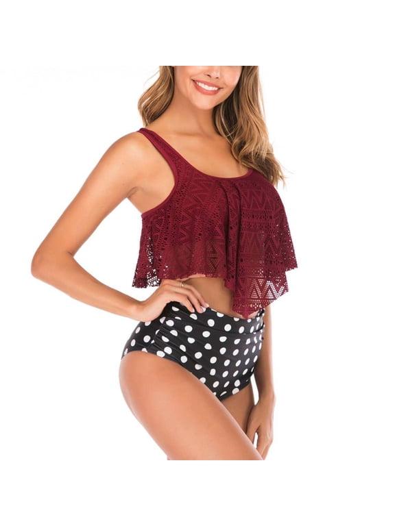 Womens Sexy Backless Two Piece Wave Pattern Bikini Set High Cut Split Bathing Suit