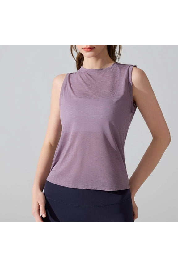 Womens Sheer Sleeveless Crew Neck Tank Top Lightweight Breathable Activewear Workout Yoga Top