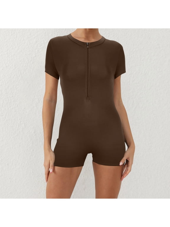 Womens Short Sleeve Romper Half Zip Shorts Form Fitting Athletic One Piece Workout Jumpsuit Outfit