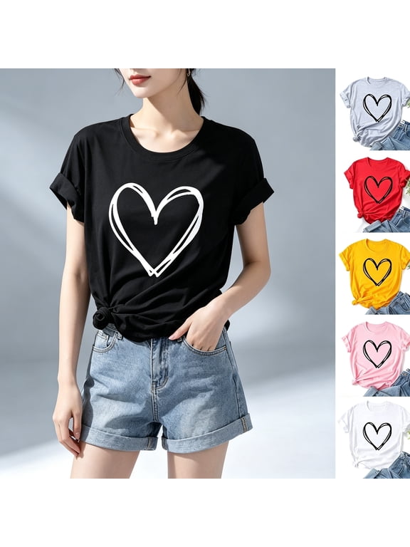 Womens Short Sleeve Round Neck Valentine's Day Graphic Print T‑Shirt Casual Sketch Heart Print Loose Fit Soft Tee Summer Daily Holiday Wear Tops