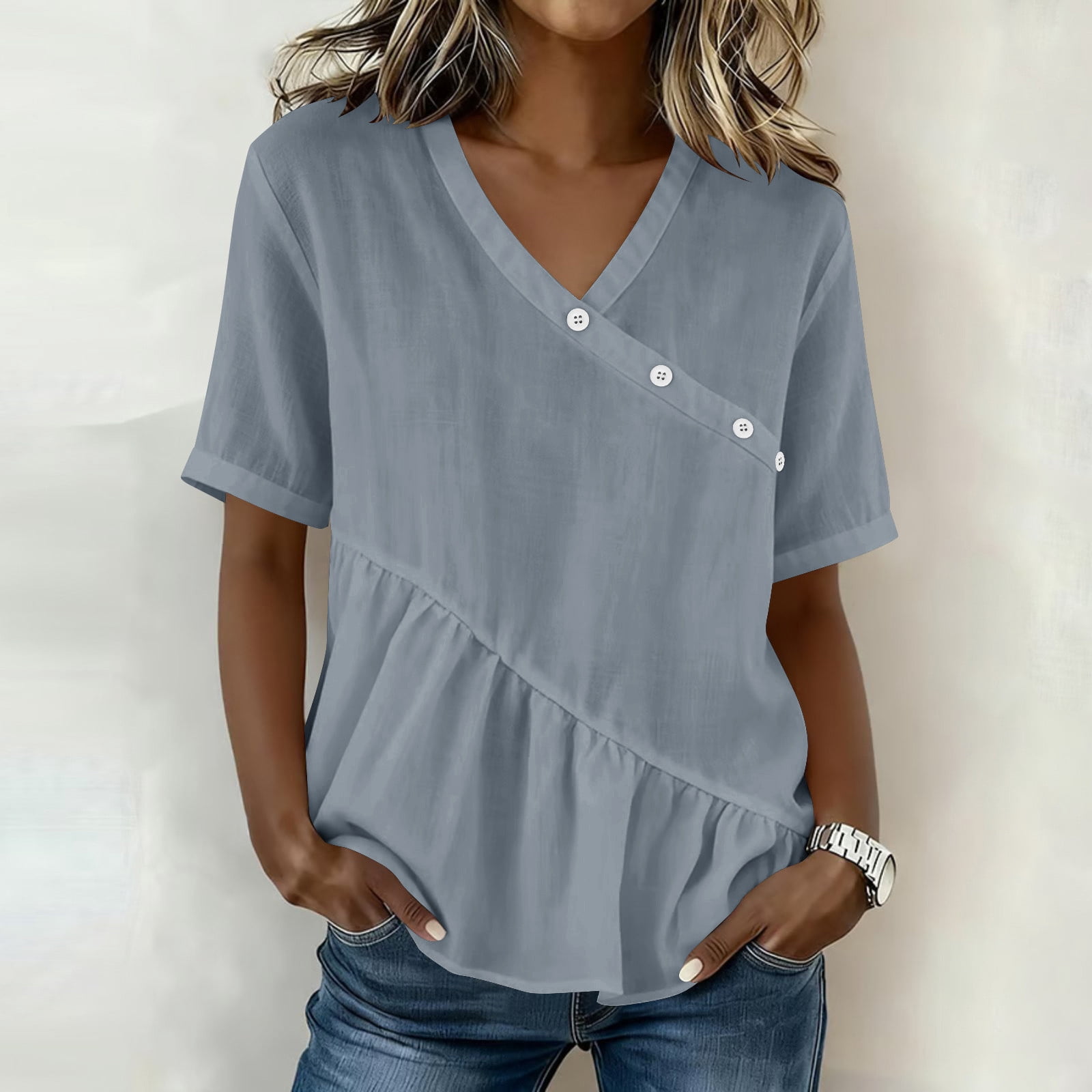 Sokhug Womens Short Sleeve V Neck Linen Cotton Diagonal Button Blouse ...
