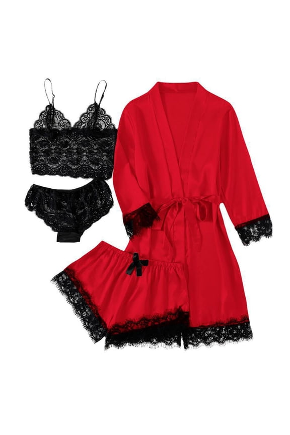 Womens Silk Pajamas Robes Set 4 Pcs Pjs Cami Shorts Satin Sleepwear Lace Loungewear