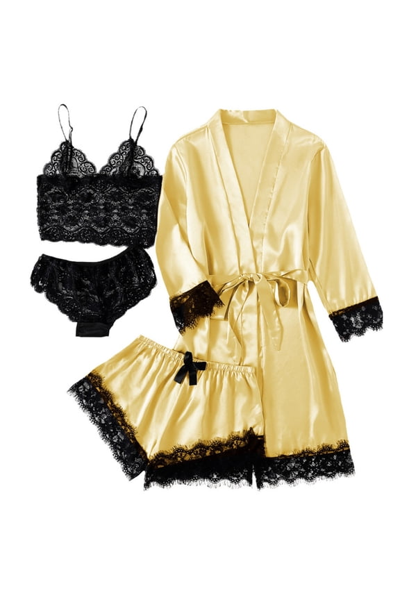 Womens Silk Pajamas Robes Set 4 Pcs Pjs Cami Shorts Satin Sleepwear Lace Loungewear