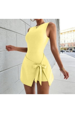Womens Silm Athletic Skort Romper Sleeveless Round Neck Wrap Tie Casual Bodycon 2-in-1 Mini Dress Romper