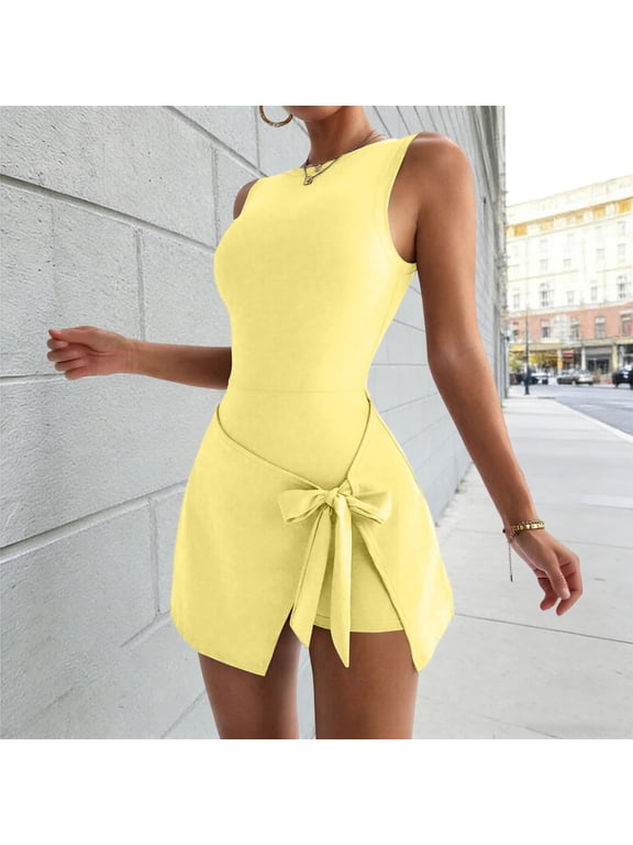 Womens Silm Athletic Skort Romper Sleeveless Round Neck Wrap Tie Casual Bodycon 2-in-1 Mini Dress Romper