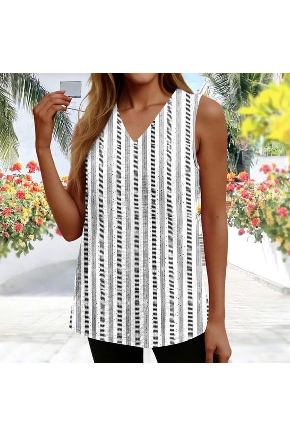 Womens Sleeveless Vertical Striped V Neck Breathable Eyelet Embroidery Casual Loose Fit Tank Tops