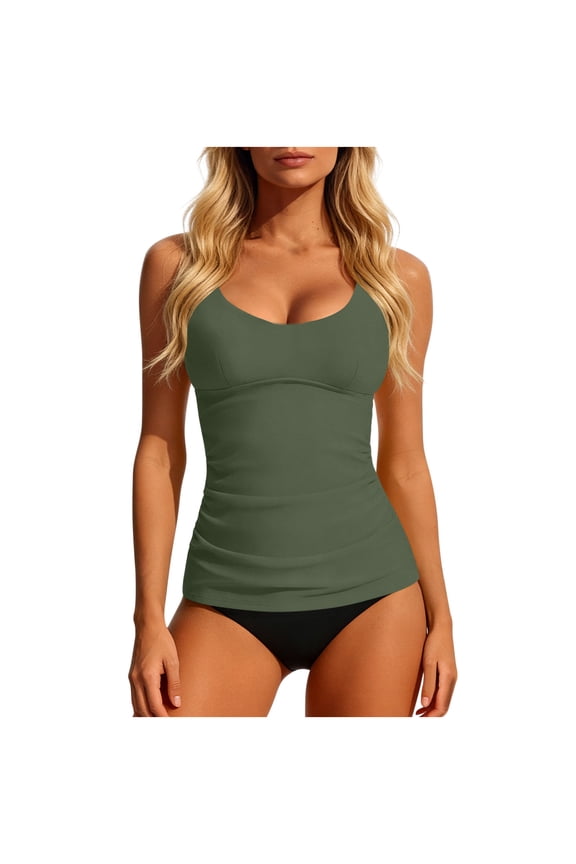 Womens Solid Color Tankini Set Built-in Bra Camisole Top with Bottom Split Swimsuit