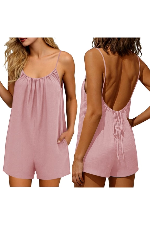 Womens Solid Spaghetti Strap Backless Short Jumpsuit Cotton Linen Casual Summer Beach Romper