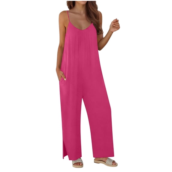 Sokhug Womens Spaghetti Strap Wide Leg Jumpsuit Loose Fit Sleeveless V Neck Jumpsuit with Side Pockets and Slit Hem