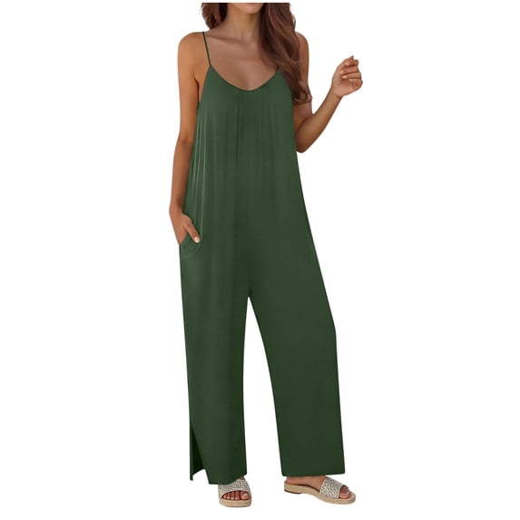 Sokhug Womens Spaghetti Strap Wide Leg Jumpsuit Loose Fit Sleeveless V Neck Jumpsuit with Side Pockets and Slit Hem