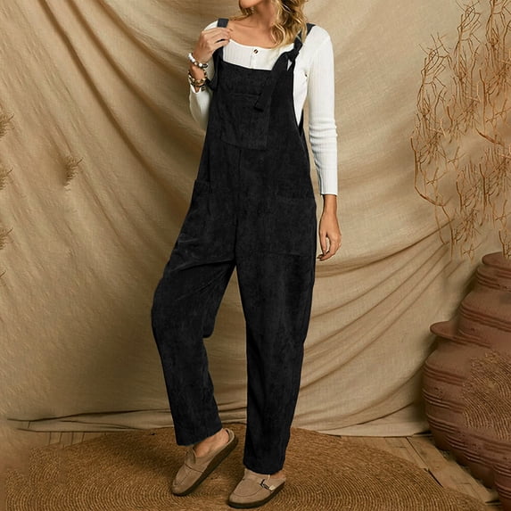 Sokhug Womens Spring Summer One-Tone Corduroy Multi-Pocket Bib Jumpsuit Overalls