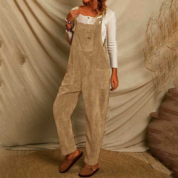 Sokhug Womens Spring Summer One-Tone Corduroy Multi-Pocket Bib Jumpsuit Overalls