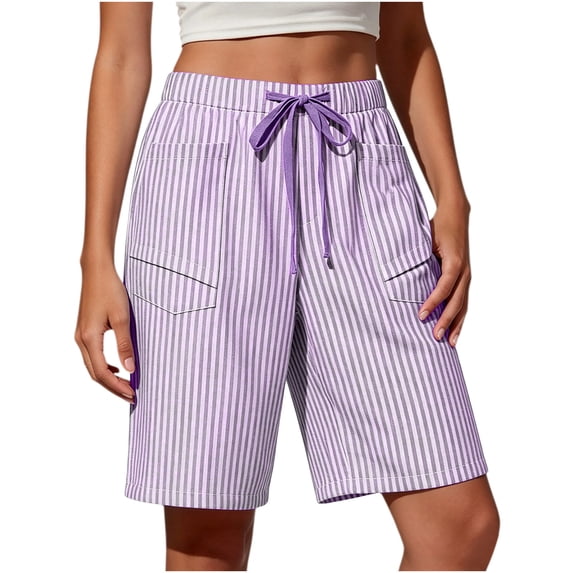 Sokhug Womens Striped Bermuda Shorts High Waist Drawstring Elastic Waist with Pockets Soft Lightweight Summer Outdoor Shorts