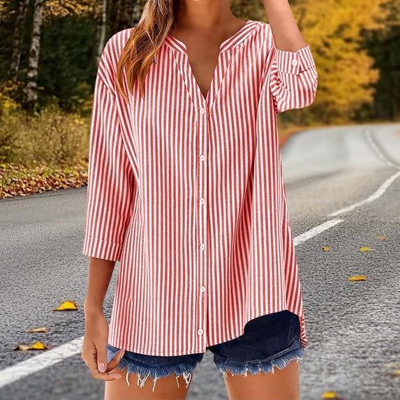 Sokhug Womens Striped Button Down Shirts V Neck 3/4 Sleeve Blouses Casual Loose Fit Tunic Tops with Curved Hem