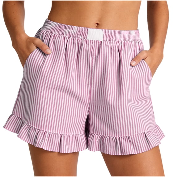 Sokhug Womens Striped Ruffle Hem Shorts Elastic High Waist Casual with Pockets Summer Lounge Shorts