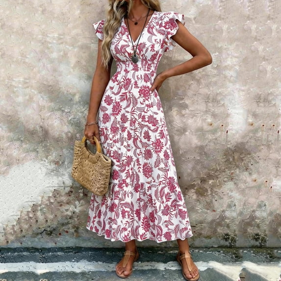 Sokhug Womens Summer 2026 Casual Midi Maxi Dresses V Neck Ruffle Short Sleeve Flowy A Line Summer Long Dresses