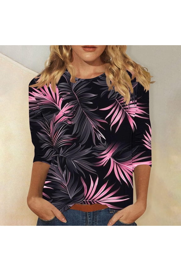 Womens Summer Hawaiian Shirts 3/4 Length Sleeve Tropical Print Tops Round Neck Three Quarter Length Sleeve Blouses