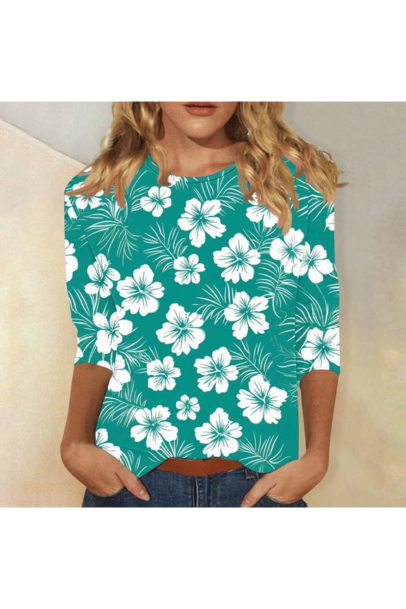 Womens Summer Hawaiian Shirts 3/4 Length Sleeve Tropical Print Tops Round Neck Three Quarter Length Sleeve Blouses