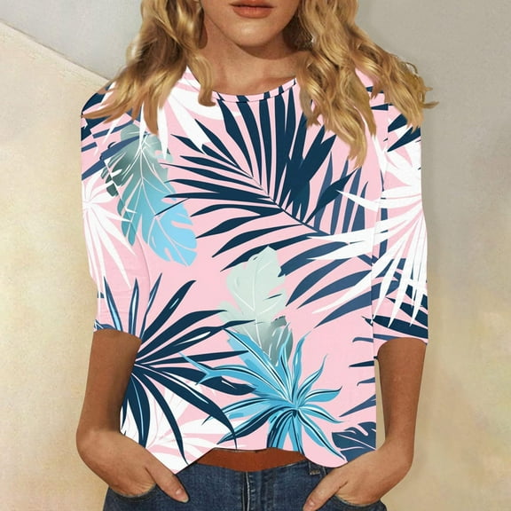Sokhug Womens Summer Hawaiian Shirts 3/4 Length Sleeve Tropical Print Tops Round Neck Three Quarter Length Sleeve Blouses