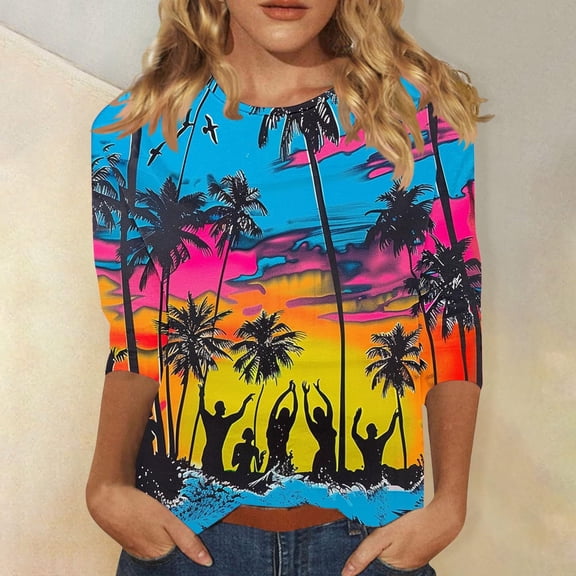 Sokhug Womens Summer Hawaiian Shirts 3/4 Length Sleeve Tropical Print Tops Round Neck Three Quarter Length Sleeve Blouses