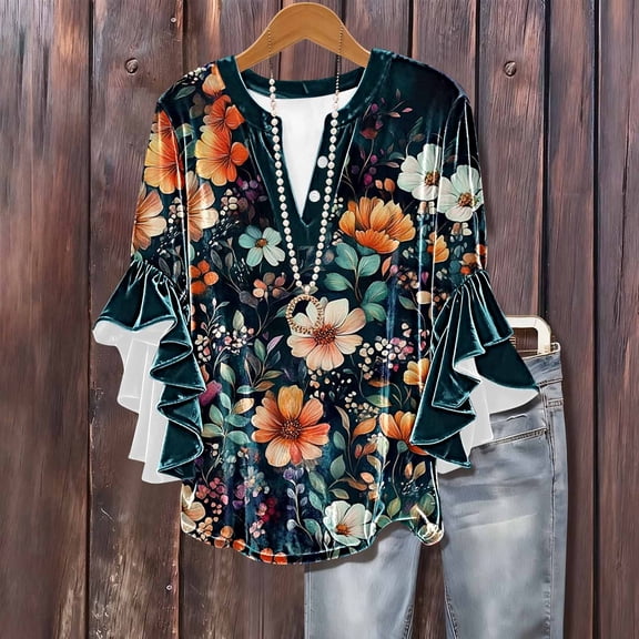 Sokhug Womens Tops 3/4 Length Sleeves Floral Shirts Flowy Ruffle Sleeve Tops Half Button Down Shirt Summer V Neck Blouse