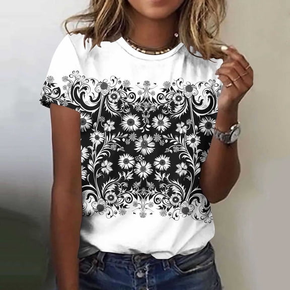 Sokhug Womens Tops Dressy Casual Short Sleeve Shirts Retro Cute Floral Print Tshirt Tunic Pullover Spring Summer Petite Blouse