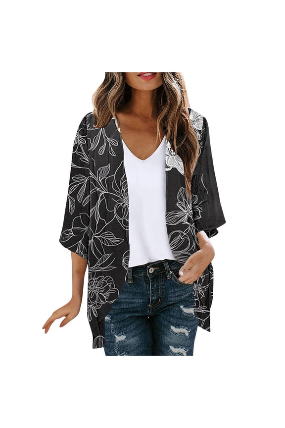 Womens Tropical Leaf Print Kimono Cardigans Open Front 3/4 Sleeve Lightweight Vacation Cover Up