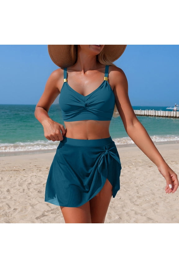 Womens Two Piece Swimsuit Olive Green Twist Front Bikini Top with Mesh Swim Skirt Adjustable Straps Gold Accents Bathing Suit