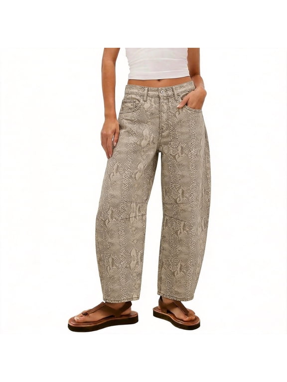 Womens Wide Leg Barrel Jeans Print High Waisted with Elastic Waist and Pockets Loose Fit Cropped Denim Pants