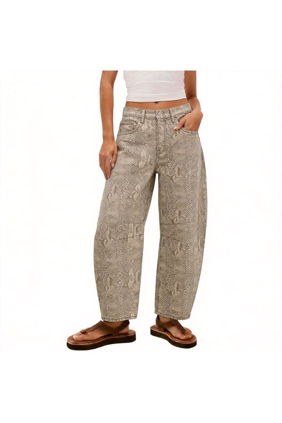 Womens Wide Leg Barrel Jeans Print High Waisted with Elastic Waist and Pockets Loose Fit Cropped Denim Pants