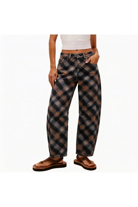 Womens Wide Leg Barrel Jeans Print High Waisted with Elastic Waist and Pockets Loose Fit Cropped Denim Pants