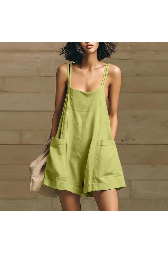 Womens Wide Leg Jumpsuit Cotton Blend Double-Strap Sleeveless Romper Summer Casual Jumpsuit with Pockets