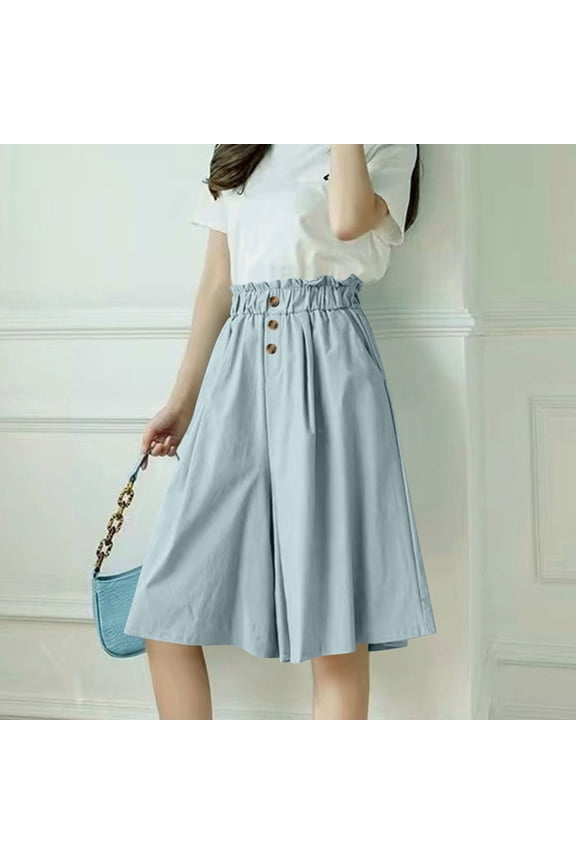 Womens Wide Leg Pants High Waist Button Decorated Elastic Waist Culottes Trousers with Side Pockets
