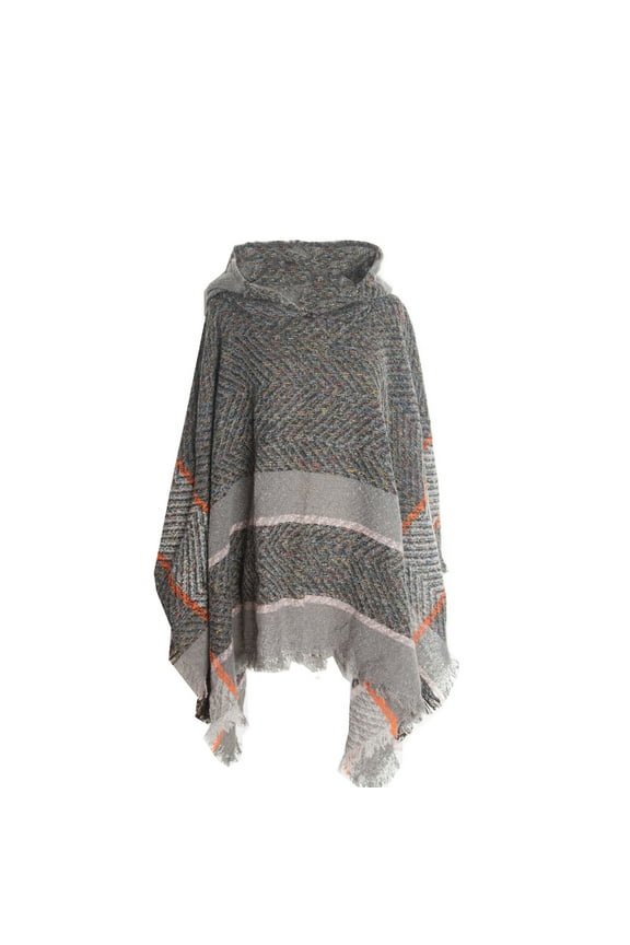 Womens Winter Warm Fishbone Patterned Hooded Shawl Pullover Cloak European Style Cold Weather Outerwear