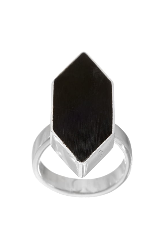 Trapezoid Silvertone, black cow Horn Ring, Sizes 7