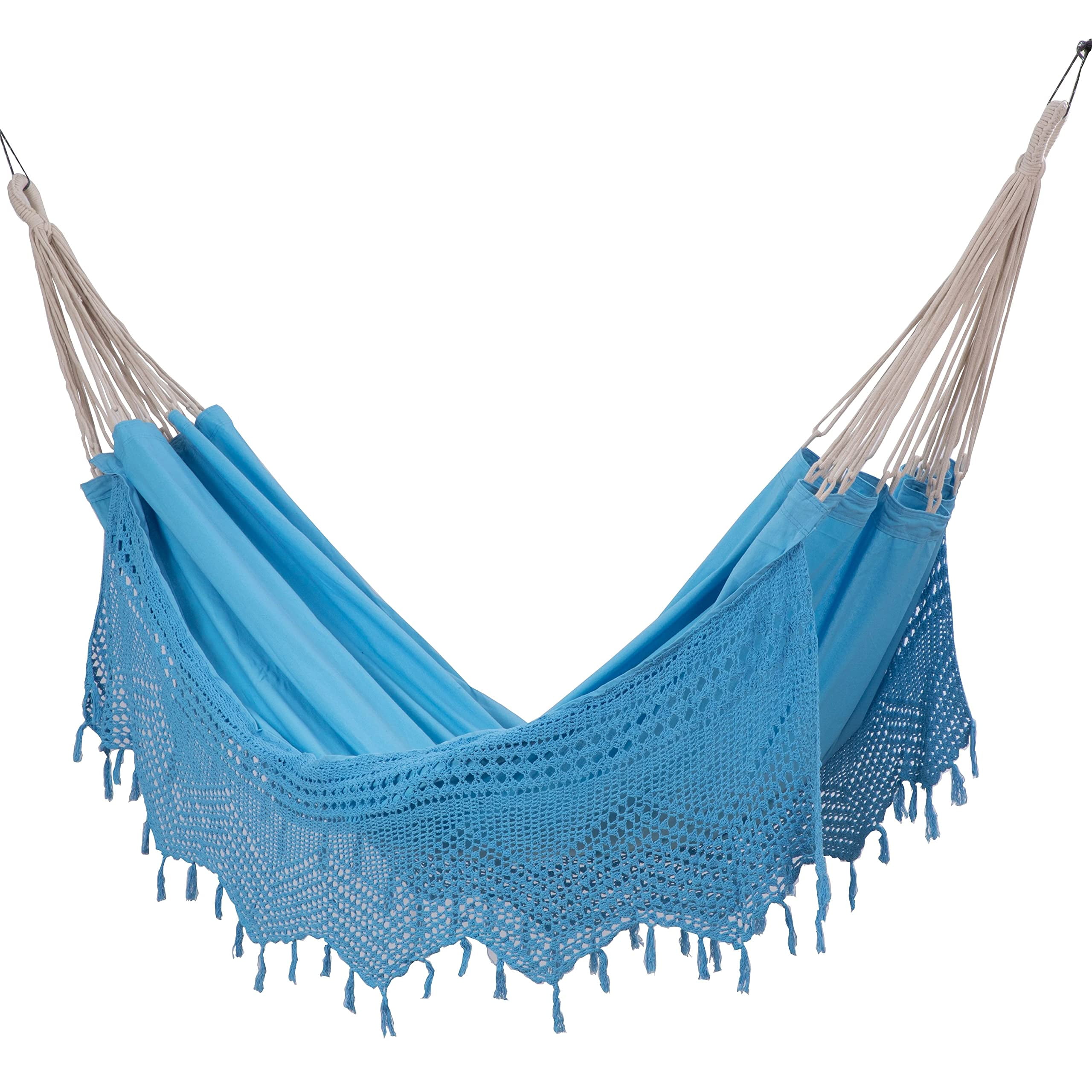 Sol Living Bahia Brazilian Patio Hammock Crochet Cotton Hammock Double Hammock for Two People Outdoor Patio Swing Chair Hand Woven Mayan Hammock Use Inside Outside Backyard Decor Porch Swing - Blue