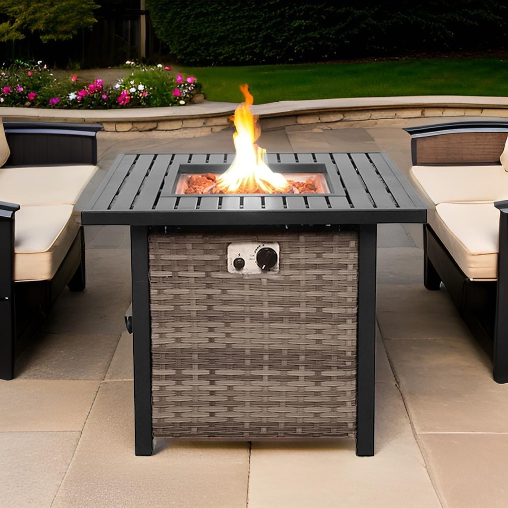 Beige and Black Square Gas Fire Pit Table with Lava Rocks