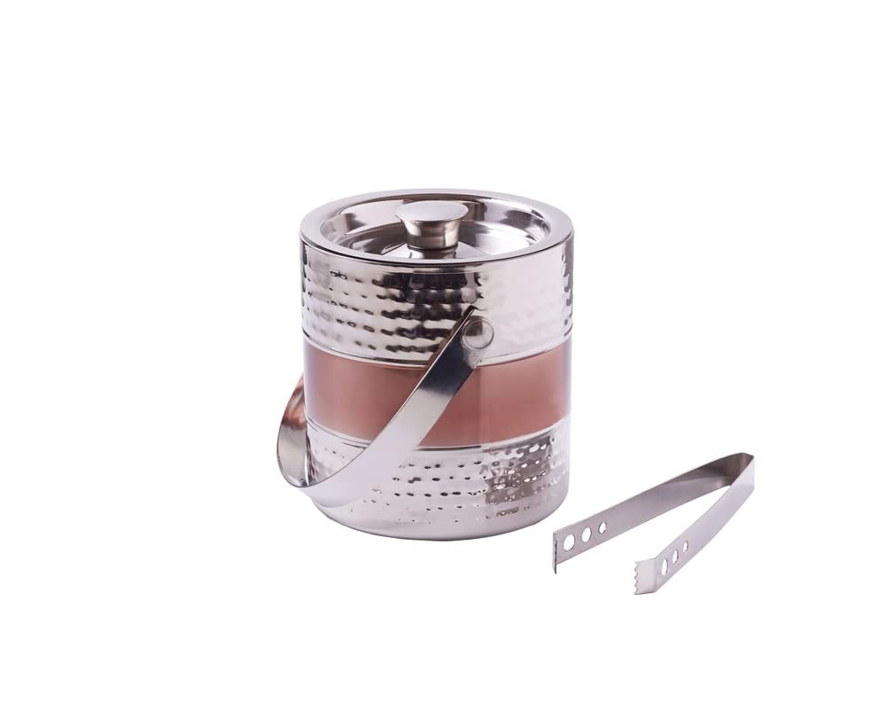 Sol Living Ice Bucket - Double Wall Stainless Steel - Includes Tongs and Lid - Wine & Champagne Holder - For Home, Bars, Commercial Use - Ribbed Finish - Hammered Copper, 1.6 Qt.