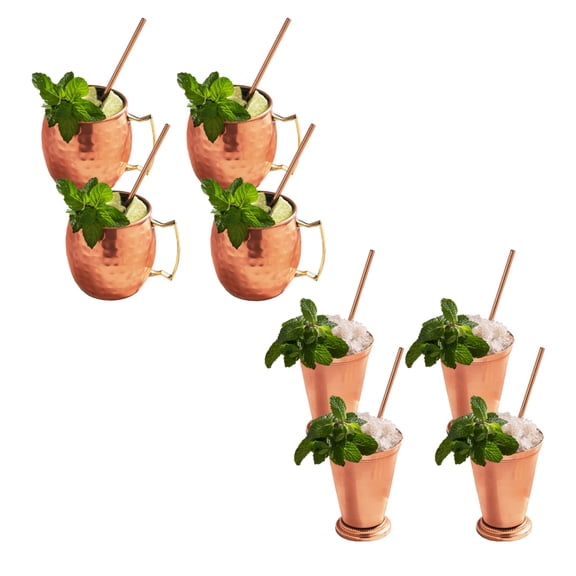 Sol Living Mint Julep Cups and Moscow Mule Bundle Gift Set Includes 4 Mint Julep Cups, 4 Moscow Mule Mugs, 8 Straws Barware Set for Cocktails Bar Accessories Premium Stainless Steel Copper Mug Bar Set