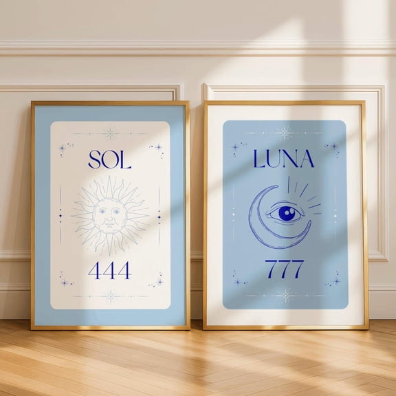Sol Luna Sun Moon Prints Angel Number Wall Art 444 777 Mystical Boho Blue White Set 2 Unframed Paper Print 8x12